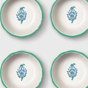 Roller Rabbit Green-Rim Ceramic Plates with Blue Floral Motif - Set of 4